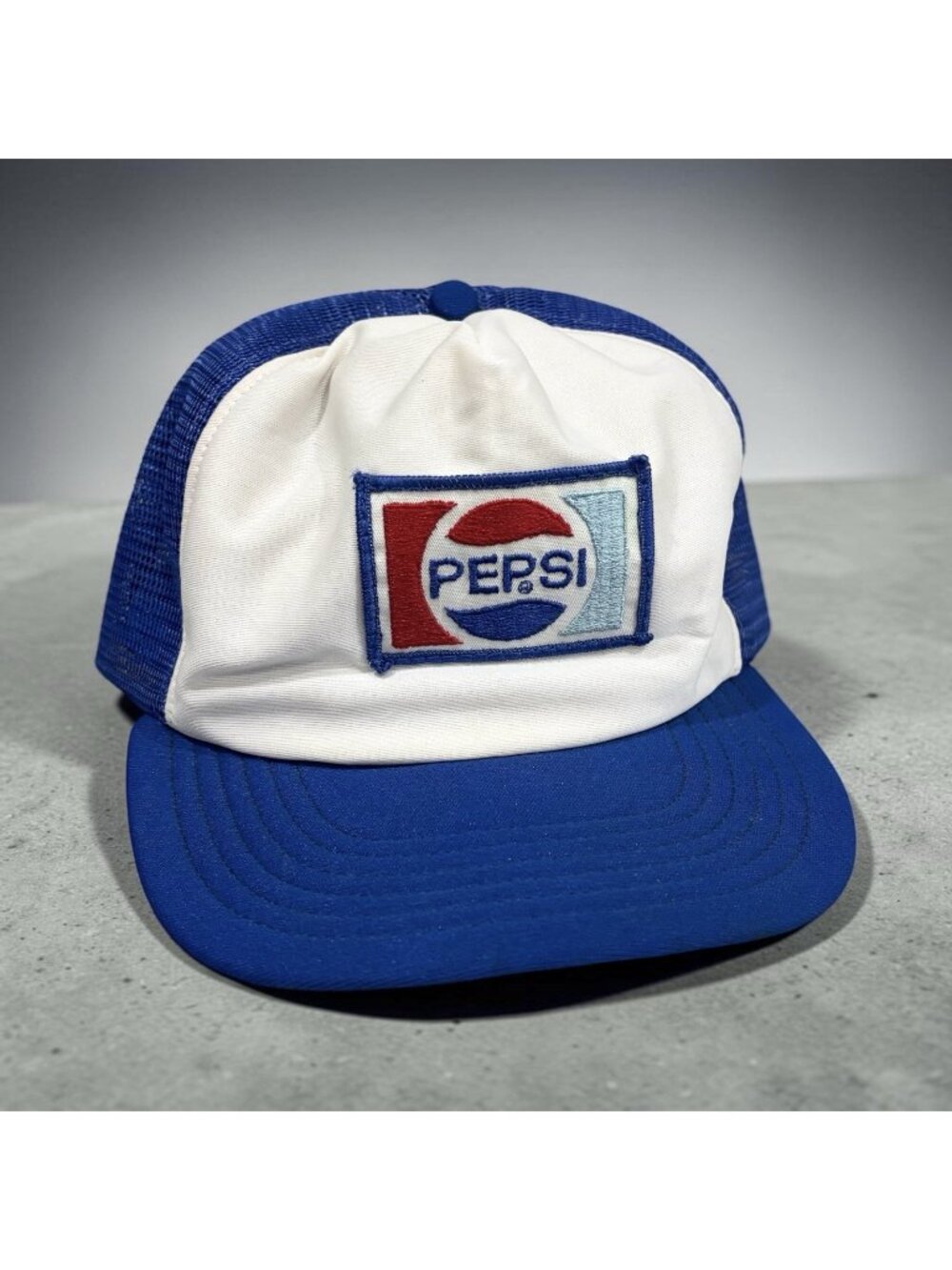 Vintage Pepsi Patch K-products Mesh Trucker Hat Blue White 80s Snapback
